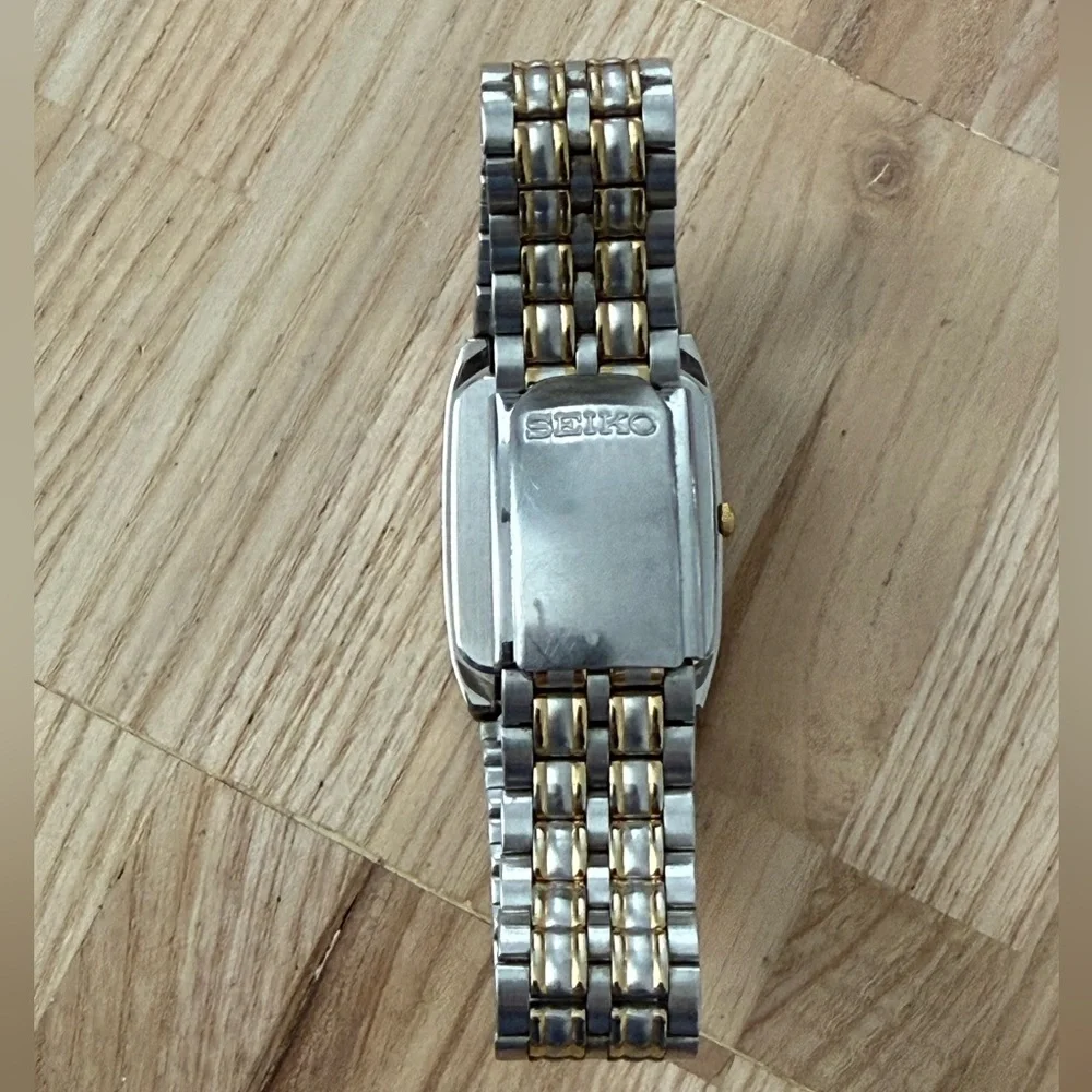 Seiko Rare Vintage Tank Watch Rectangular Gray Dial Two-Tone Case Bracelet Date